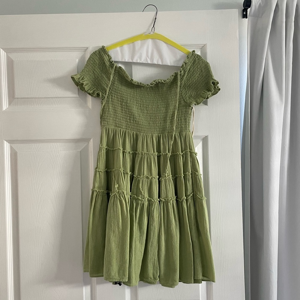 Free People Olive Green Smocked Tiered Mini Dress